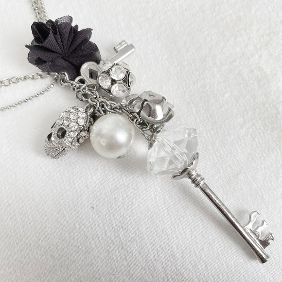 Silver Tone 8-Charm Necklace Opera Length Double Stranded Ball & Cable Chains - Picture 3 of 12